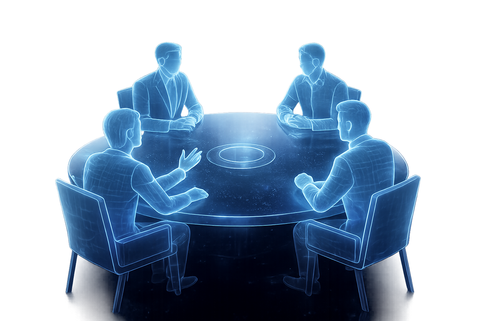 Four board members gathered around a luminous table