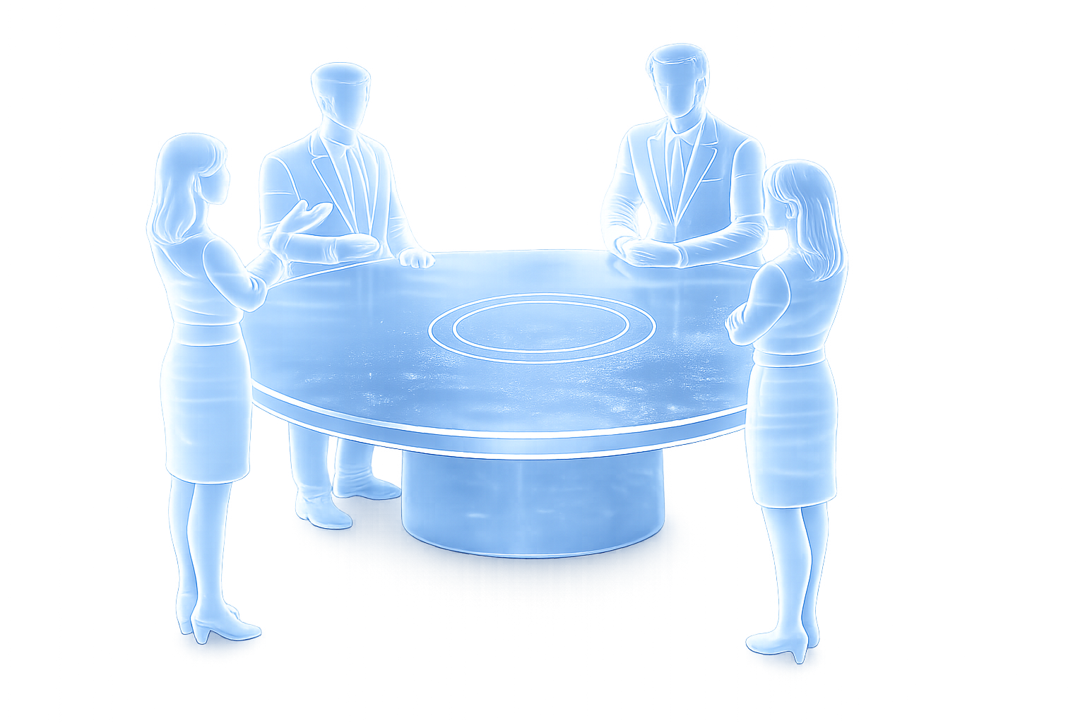 Four executive team members gathered around a luminous table